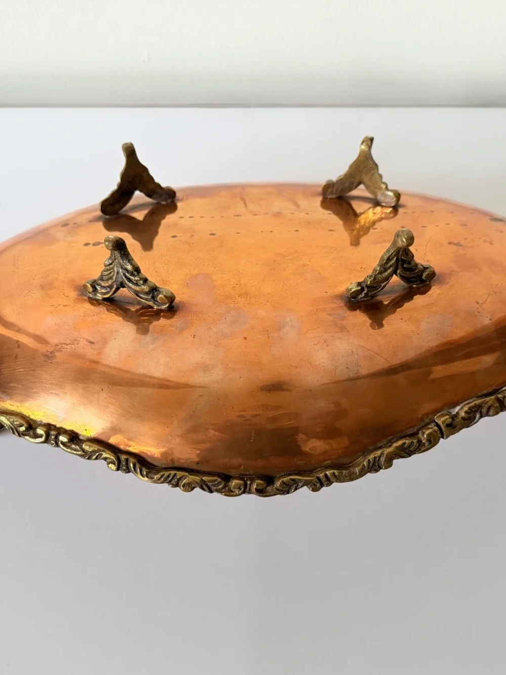 Vintage Copper and Brass Footed Tray Bowl Bird Handles Possibly made in Mexico